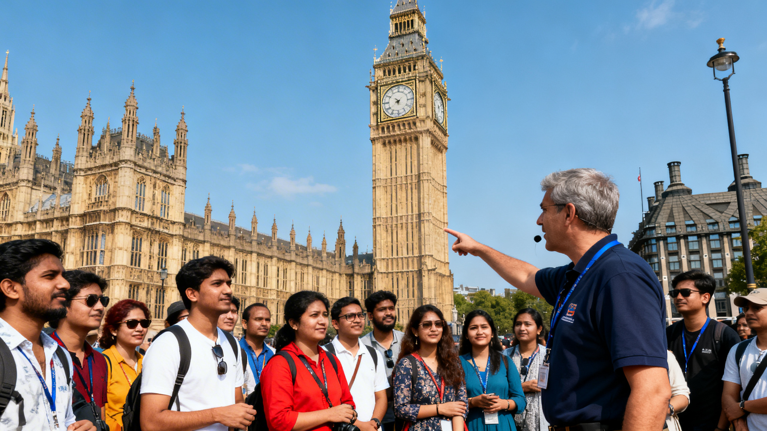 Groupe de touristes écoutant un guide devant Big Ben