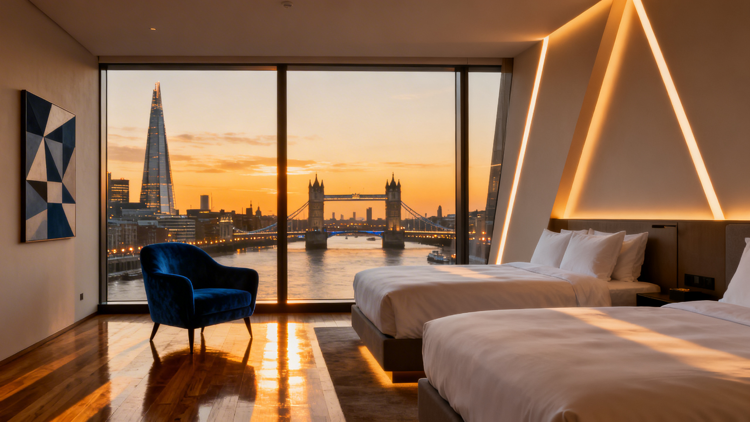 Chambre d'hôtel moderne avec vue sur les toits de Londres