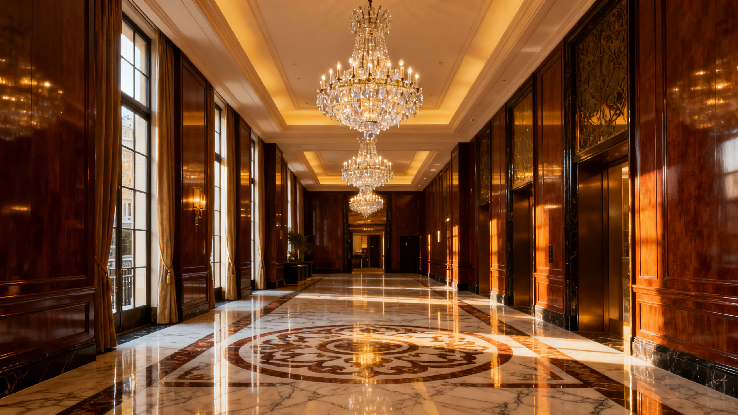 Hall d'un hôtel de luxe londonien avec lustre en cristal