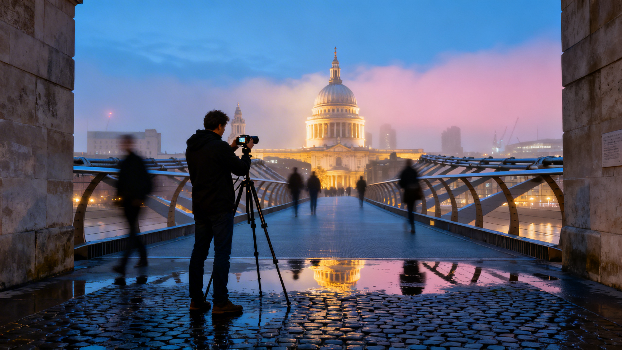 Photographe devant le Millennium Bridge avec St Paul's Cathedral en arrière-plan au lever du soleil