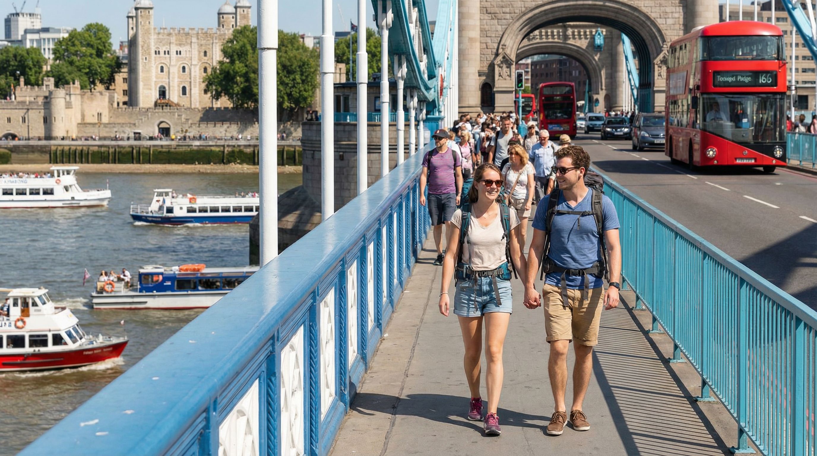 Voyageurs devant Tower Bridge à Londres par une journée ensoleillée