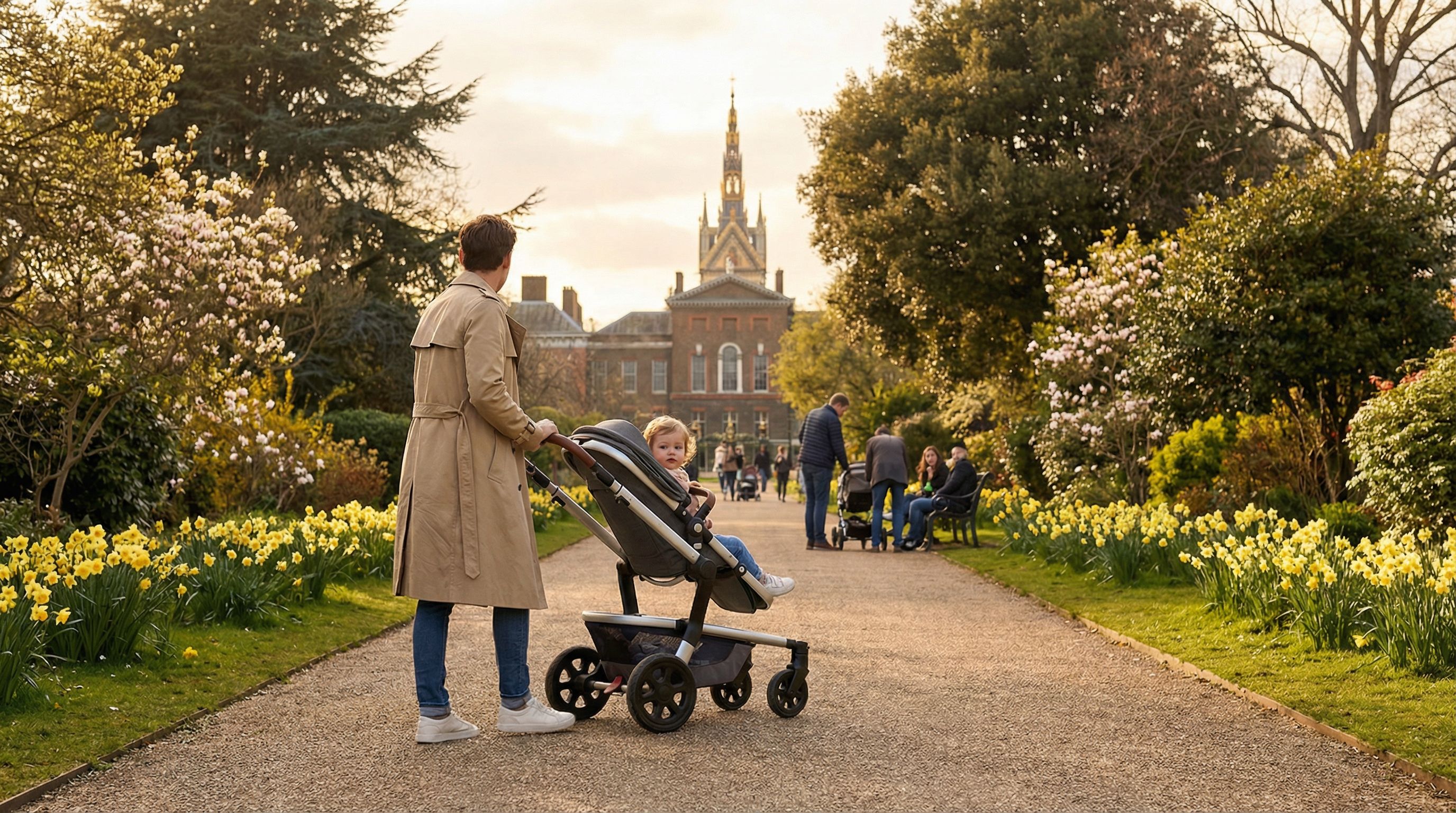 Parent poussant une poussette dans un parc londonien avec des arbres en arrière-plan