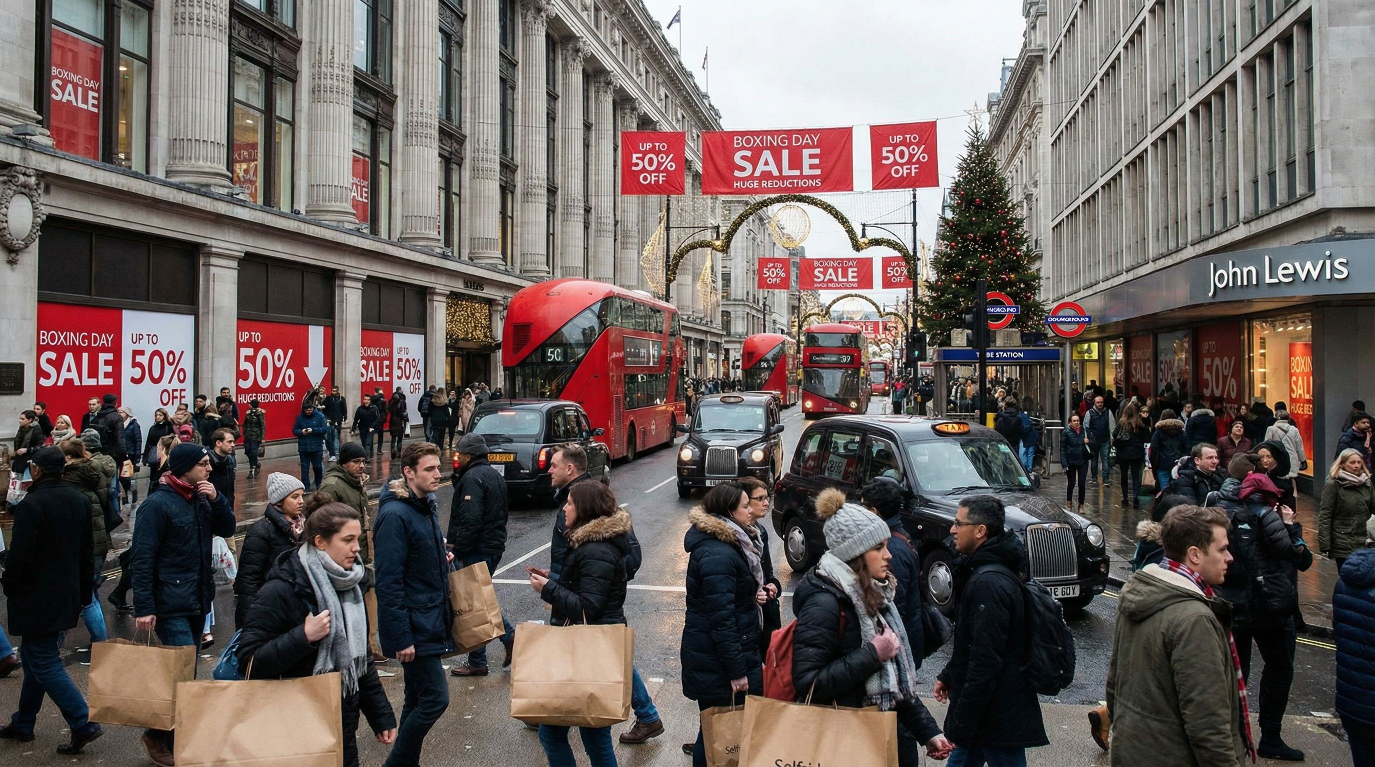 Vitrines de Selfridges sur Oxford Street avec affiches de soldes Boxing Day
