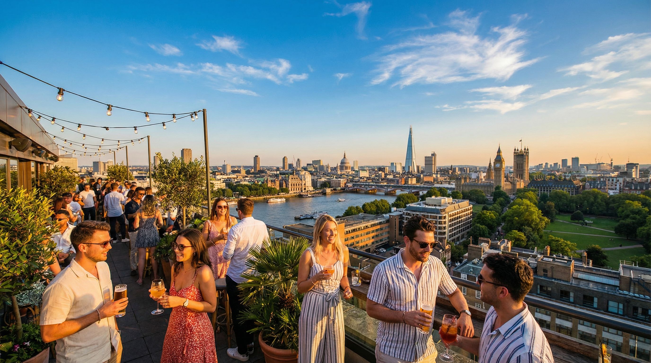 Terrasse de bar en rooftop avec vue sur la skyline de Londres en été