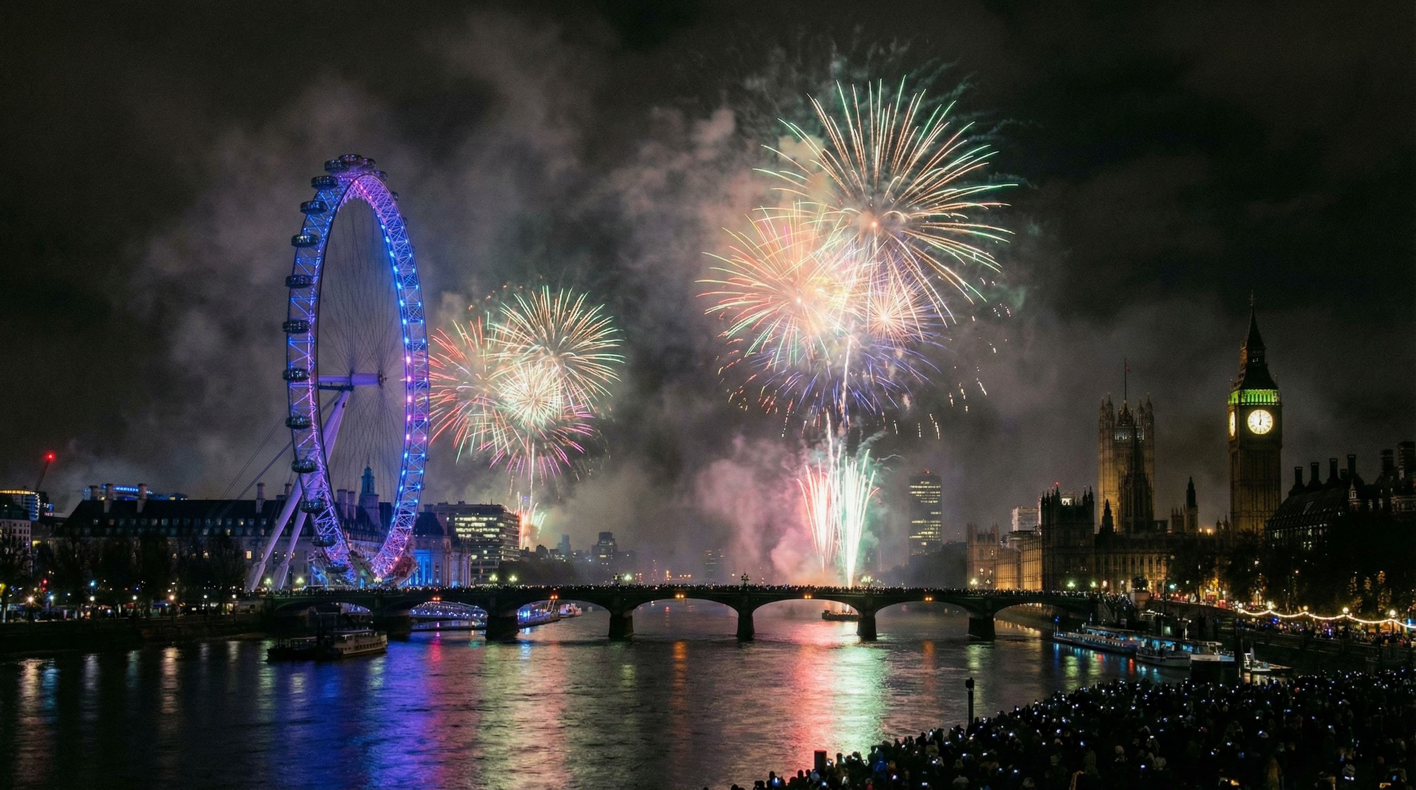 Feux d'artifice du Nouvel An à Londres au-dessus du London Eye et de la Tamise