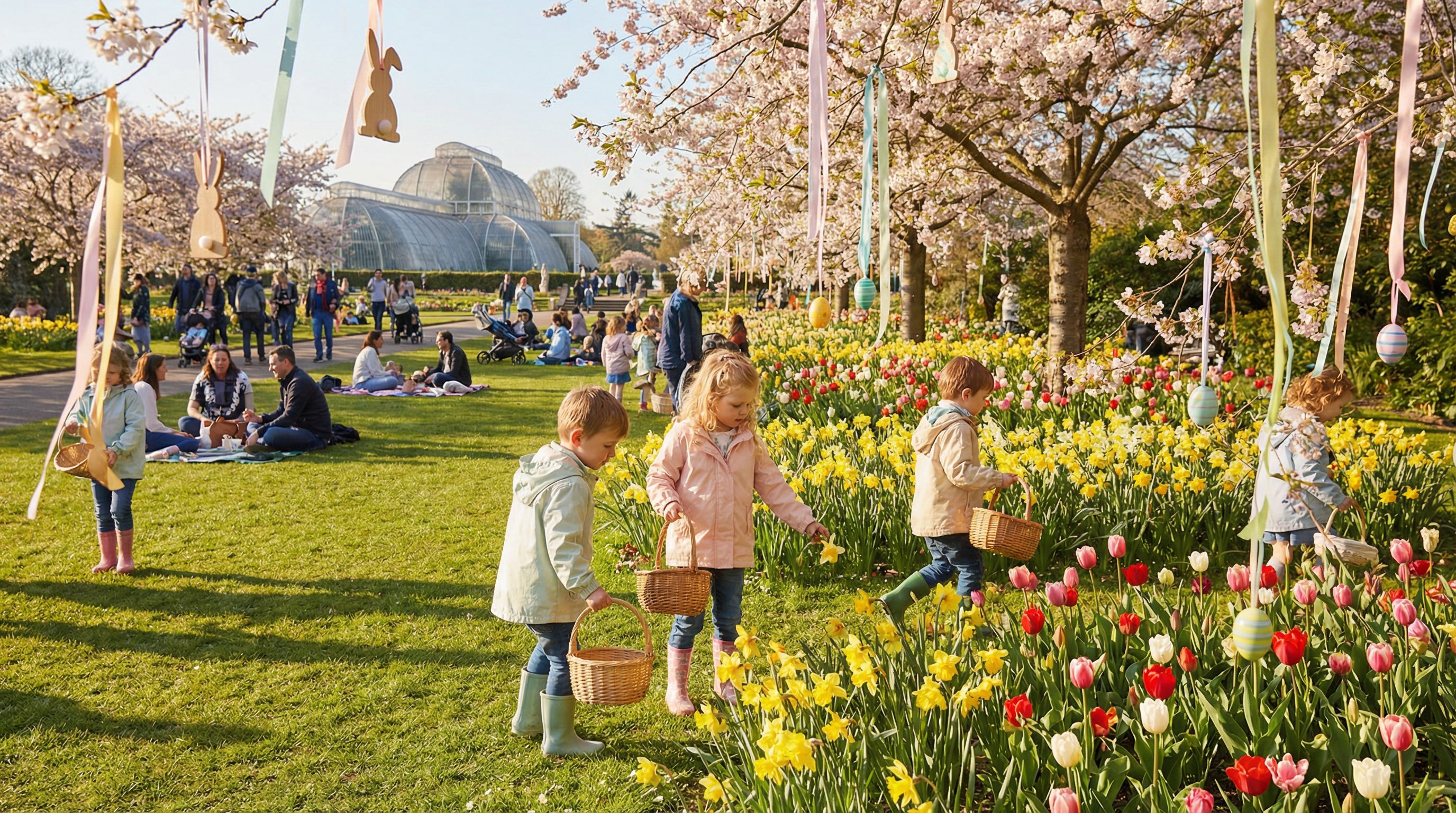 Chasse aux œufs de Pâques dans les jardins de Kew Gardens avec des enfants