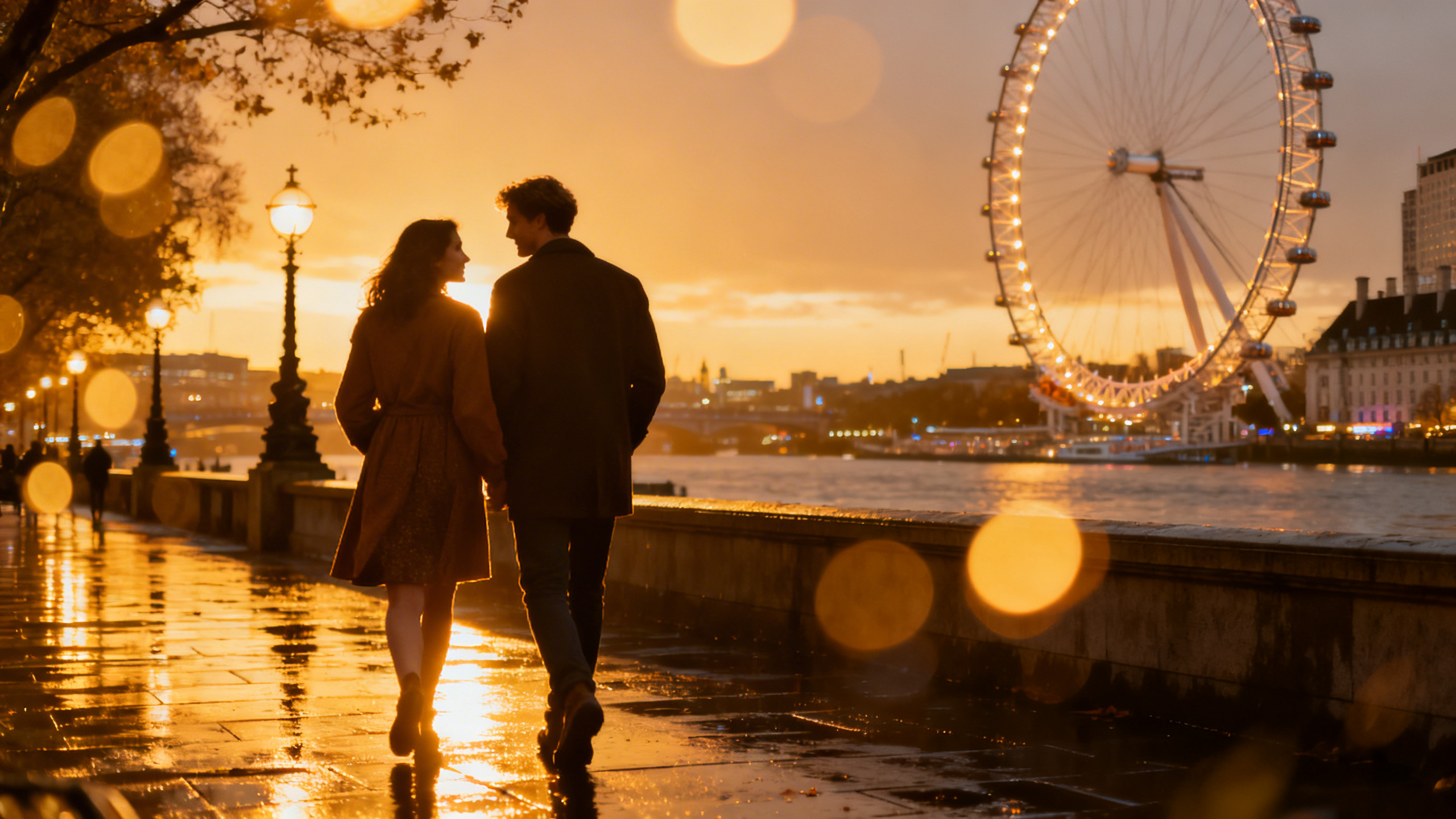 Couple sur la South Bank avec vue sur la Tamise et le London Eye illuminé le soir