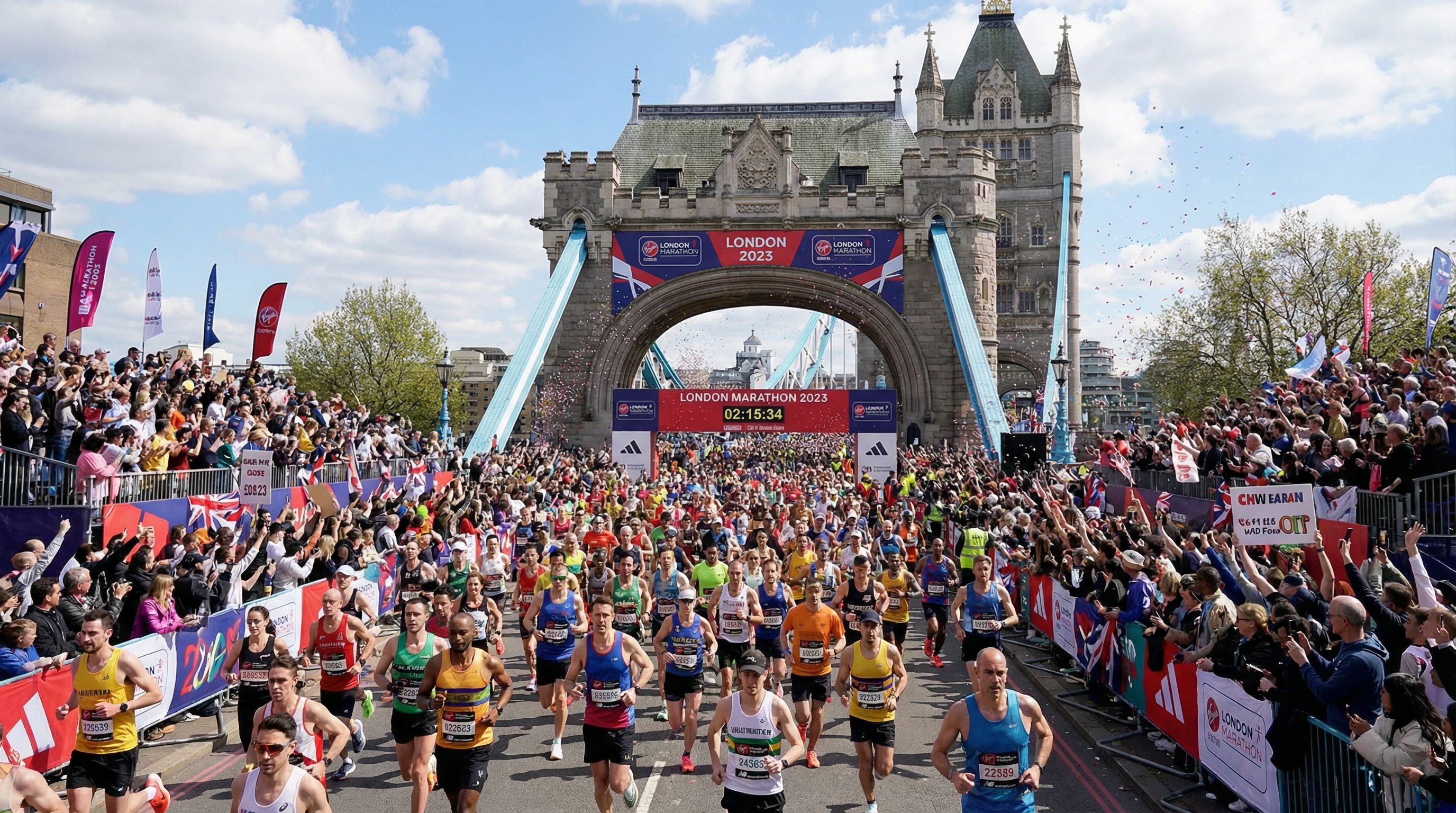 Coureurs du Marathon de Londres traversant Tower Bridge avec la foule